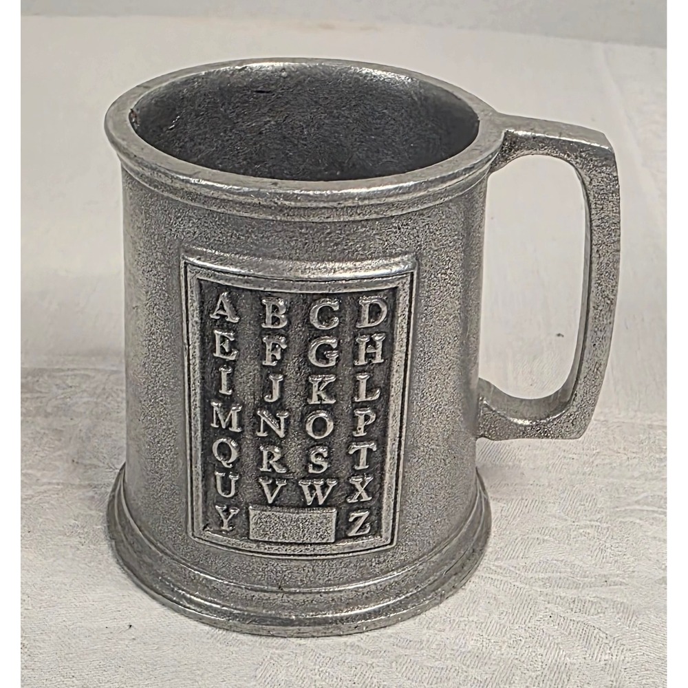 Vintage Pewter Alphabet Mug ABC Tankard Cup Silver Tone Metal Decor